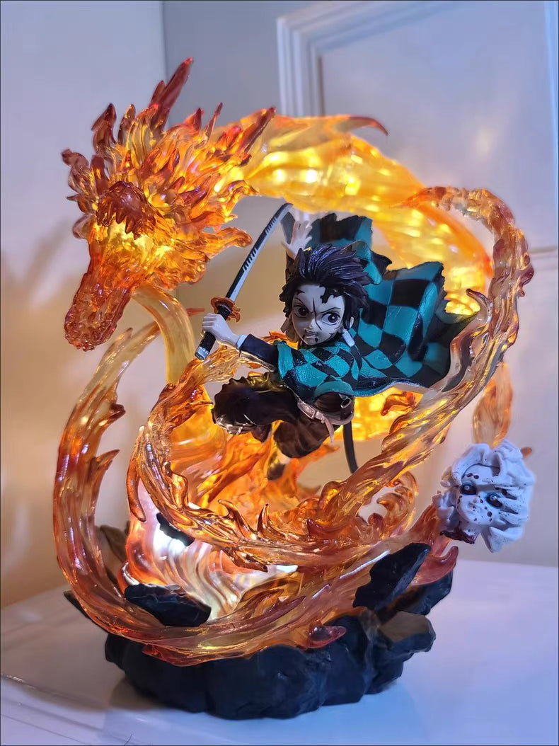 Demon Slayer Tanjiro Kamado Scene Version GK Figure 30CM Double Head Sculpt Dragon Light-Up In‑Stock Collectible Statue