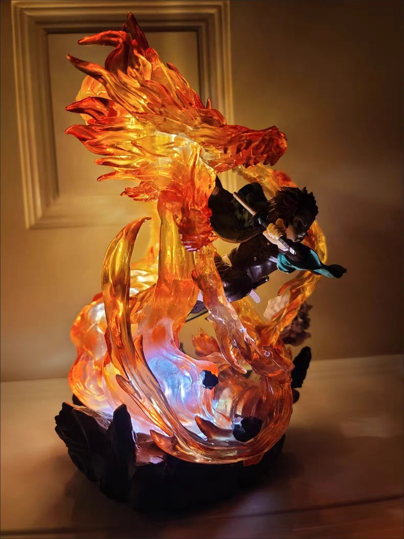 Demon Slayer Tanjiro Kamado Scene Version GK Figure 30CM Double Head Sculpt Dragon Light-Up In‑Stock Collectible Statue