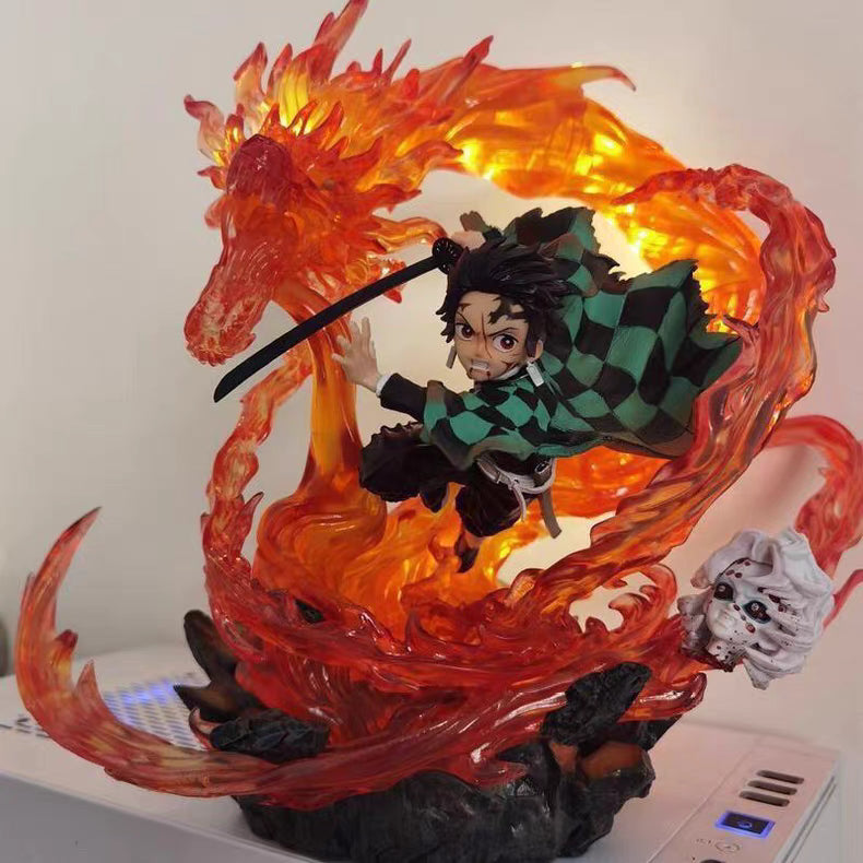 Demon Slayer Tanjiro Kamado Scene Version GK Figure 30CM Double Head Sculpt Dragon Light-Up In‑Stock Collectible Statue