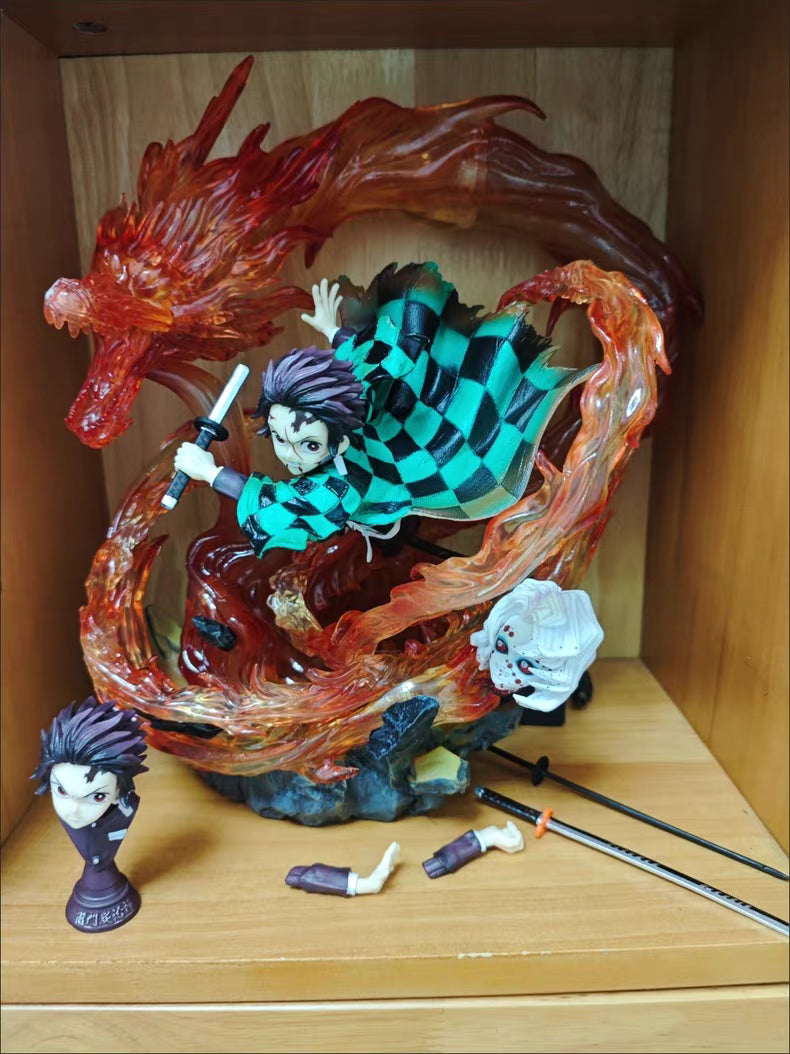 Demon Slayer Tanjiro Kamado Scene Version GK Figure 30CM Double Head Sculpt Dragon Light-Up In‑Stock Collectible Statue