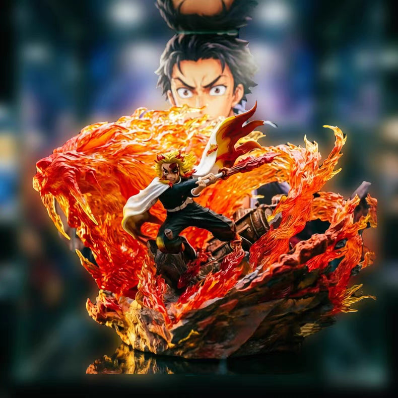 Demon Slayer Fantasy Studio Kyojuro Rengoku With Flame Tiger GK Figure 27CM Double Head Sculpt Light-Up In‑Stock Collectible Statue