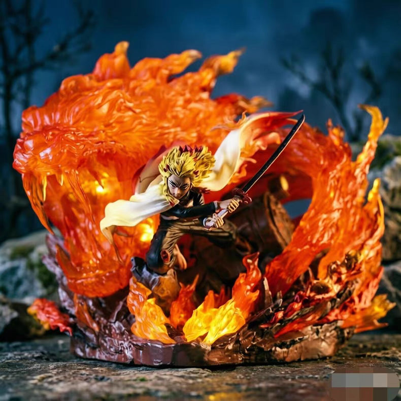 Demon Slayer Fantasy Studio Kyojuro Rengoku With Flame Tiger GK Figure 27CM Double Head Sculpt Light-Up In‑Stock Collectible Statue