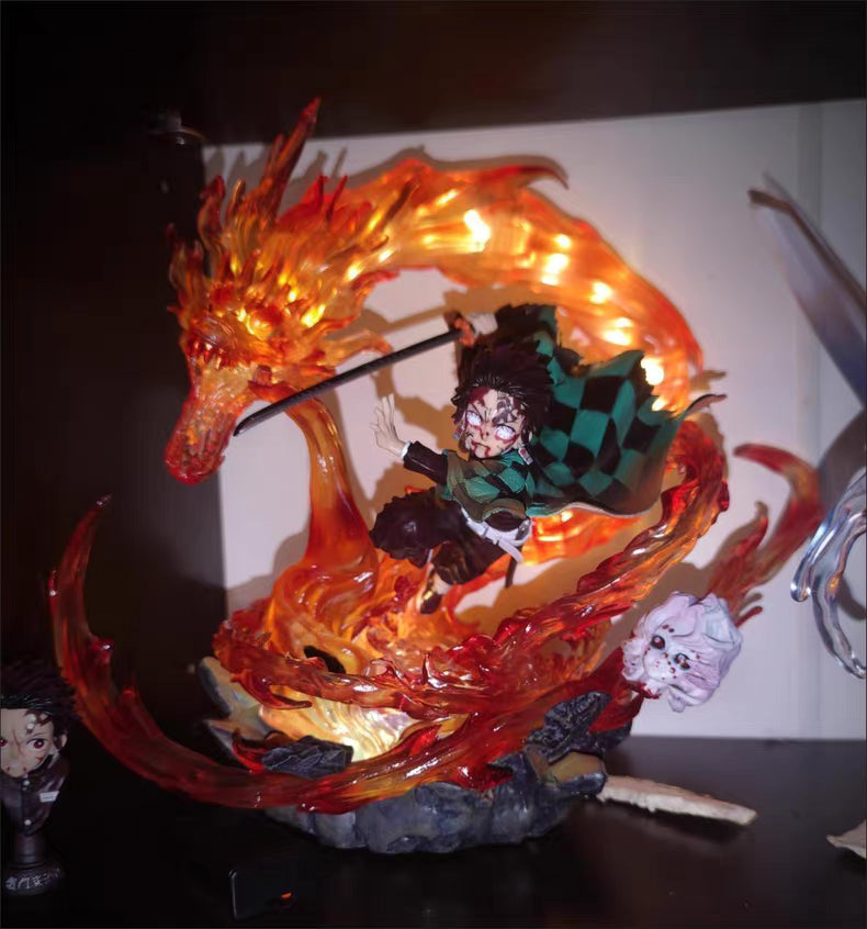 Demon Slayer Tanjiro Kamado Scene Version GK Figure 30CM Double Head Sculpt Dragon Light-Up In‑Stock Collectible Statue