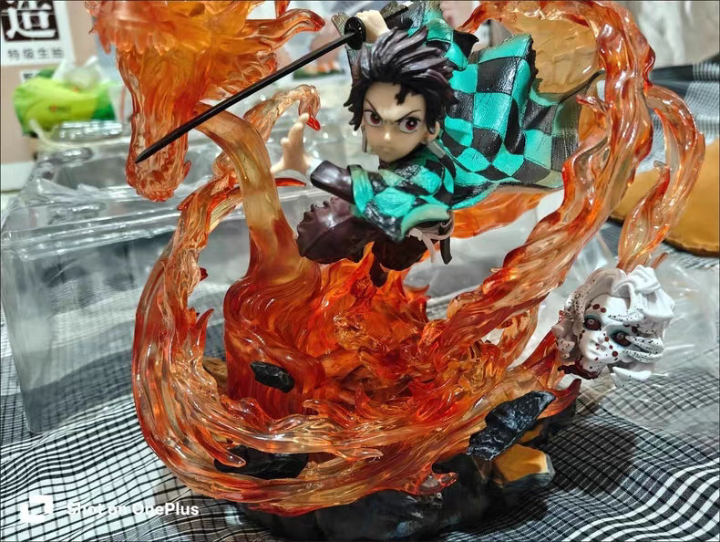 Demon Slayer Tanjiro Kamado Scene Version GK Figure 30CM Double Head Sculpt Dragon Light-Up In‑Stock Collectible Statue