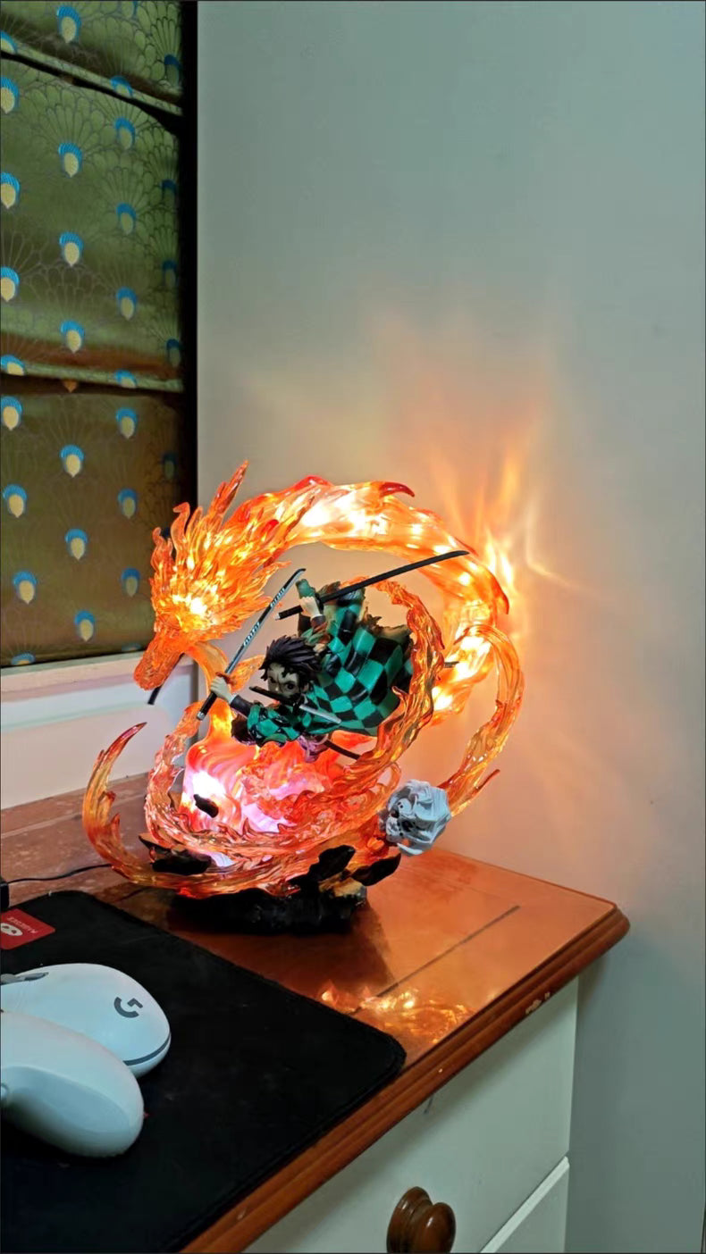 Demon Slayer Tanjiro Kamado Scene Version GK Figure 30CM Double Head Sculpt Dragon Light-Up In‑Stock Collectible Statue