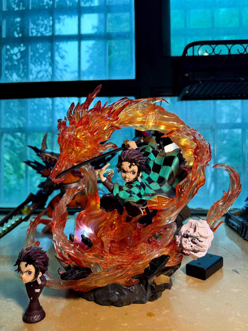 Demon Slayer Tanjiro Kamado Scene Version GK Figure 30CM Double Head Sculpt Dragon Light-Up In‑Stock Collectible Statue